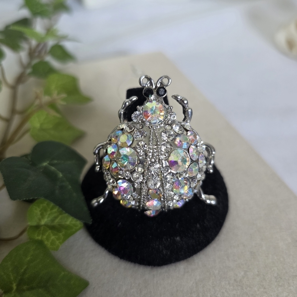 Vintage Statement Silver Beetle Bug Ring with AB Stones